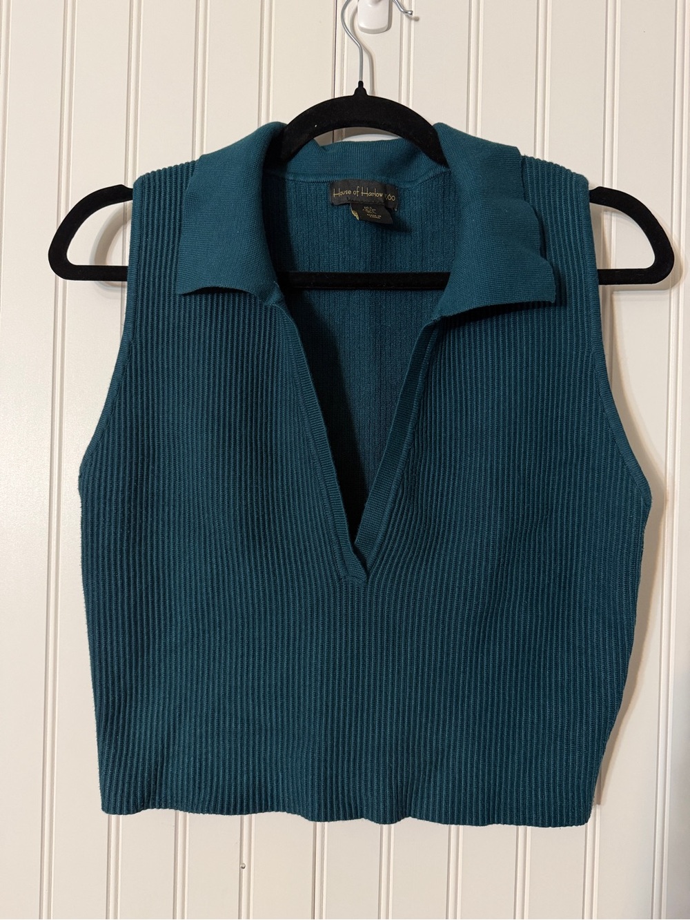 Teal Ribbed Collared Cropped Sleeveless Knit Top